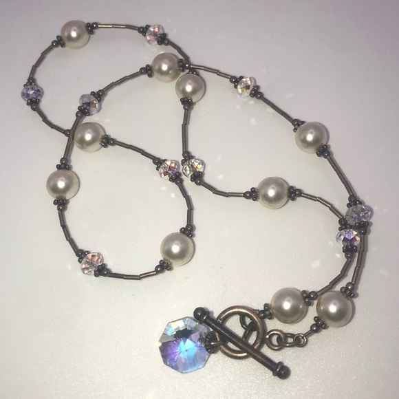 vtg Sterling Pearl & Aurora Crystal Heishi Tube Bead Necklace Toggle Clasp 18” - Picture 6 of 9
